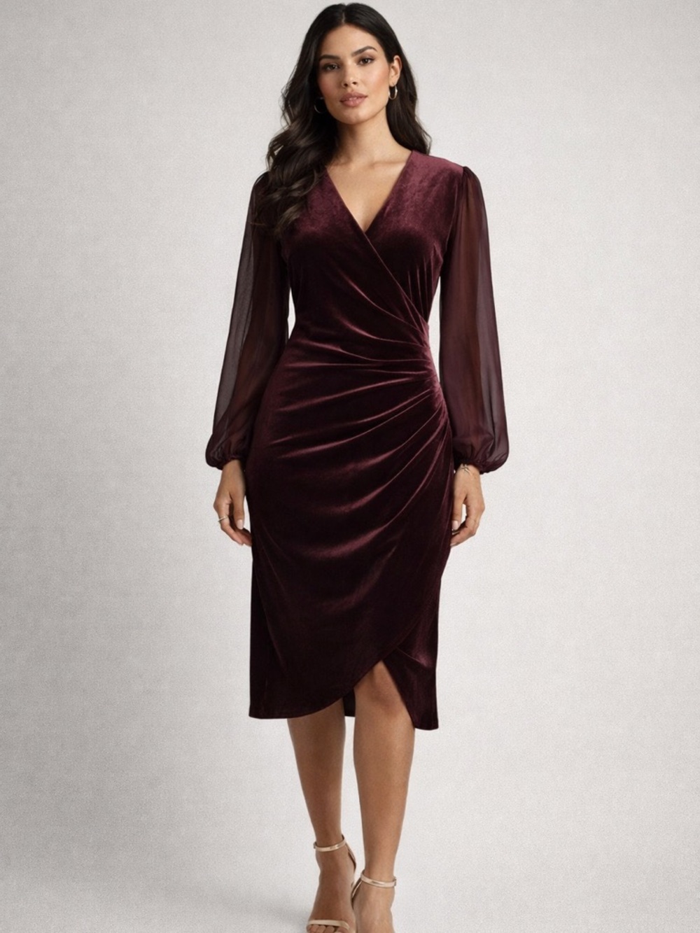 DKNY Burgundy Velvet Wrap Dress Sheer Balloon Sleeve Midi Ruched Holiday Party 2